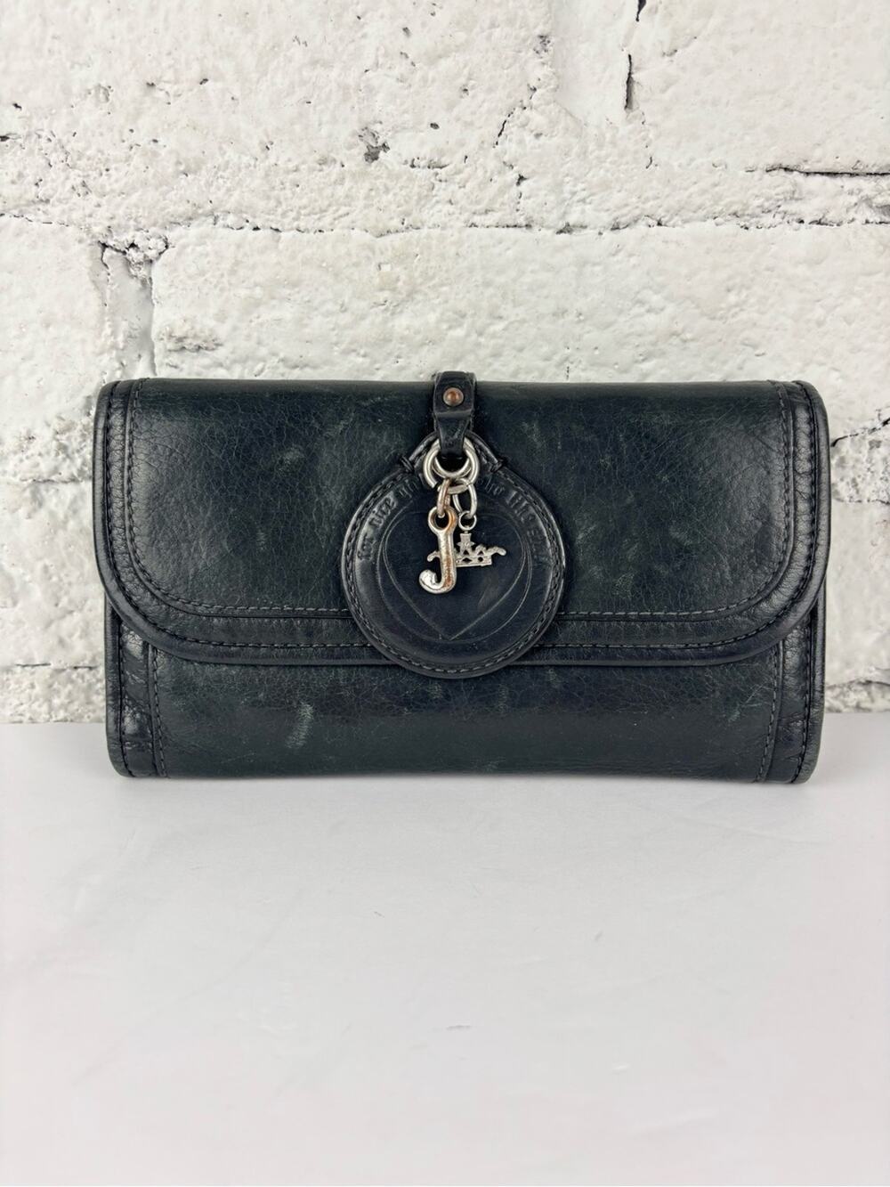 Vintage Y2K Juicy Black Leather Wallet Clutch with Charm Accents